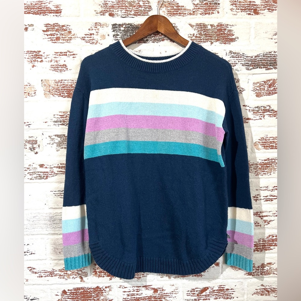 T By Talbots Tunic Sweater Pullover Chenille Stripes Navy Colorful Sz S